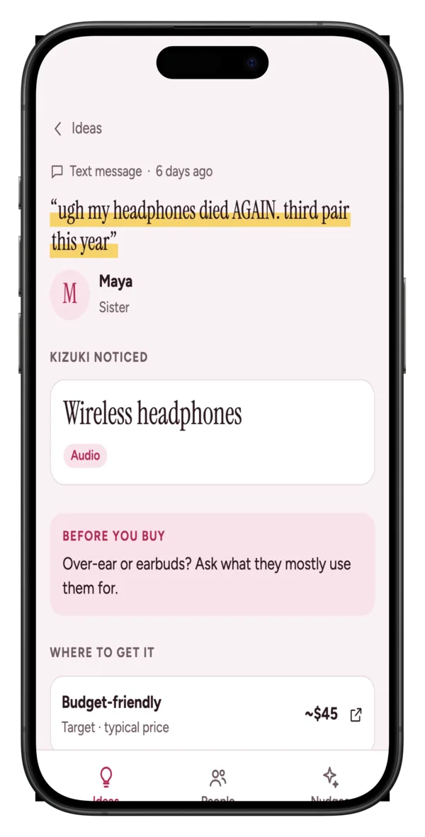 A saved idea: Maya's text about her headphones dying, Kizuki noticed wireless headphones, with a before-you-buy question and three prices
